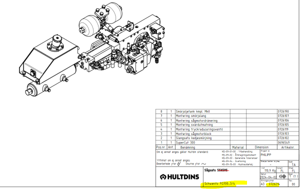Entraînement de scie HULTDINS SuperCut 300, moteur Parker F12040 avec réservoir, réservoir d&#039;air, capteur de fuite d&#039;huile 24